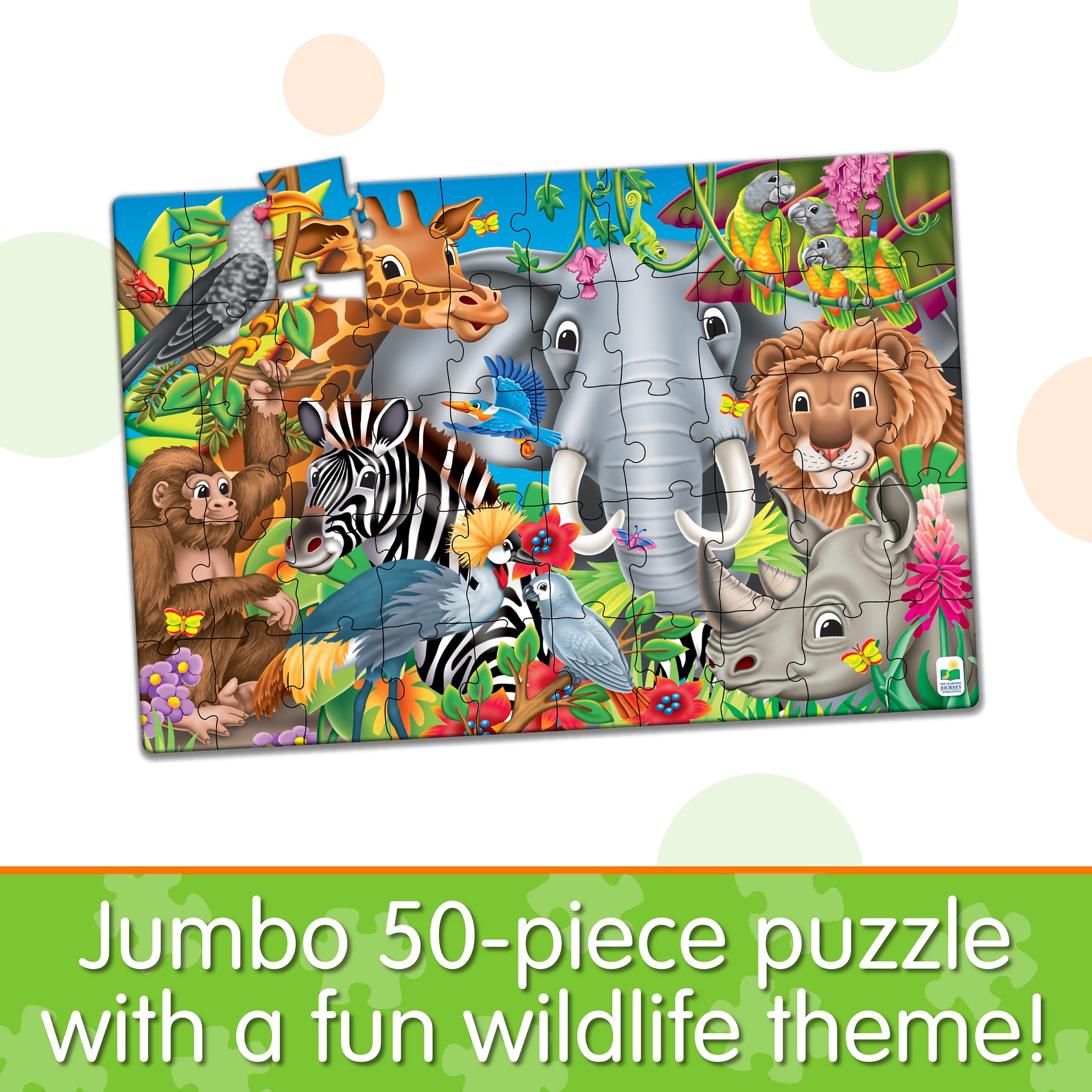 Infographic of Jumbo Floor Puzzle - Animals of the World that reads, "Jumbo 50-piece puzzle with a fun wildlife theme!"