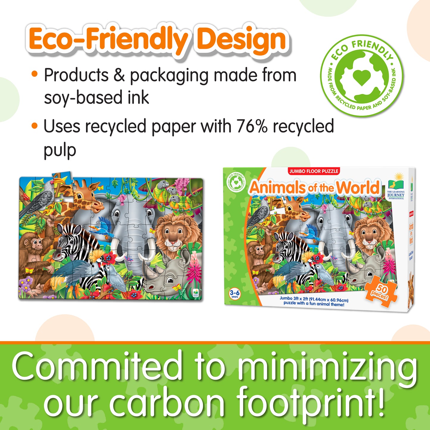 Infographic of Jumbo Floor Puzzle - Animals of the World's eco-friendly design that reads, "Commited to minimizing our carbon footprint!"