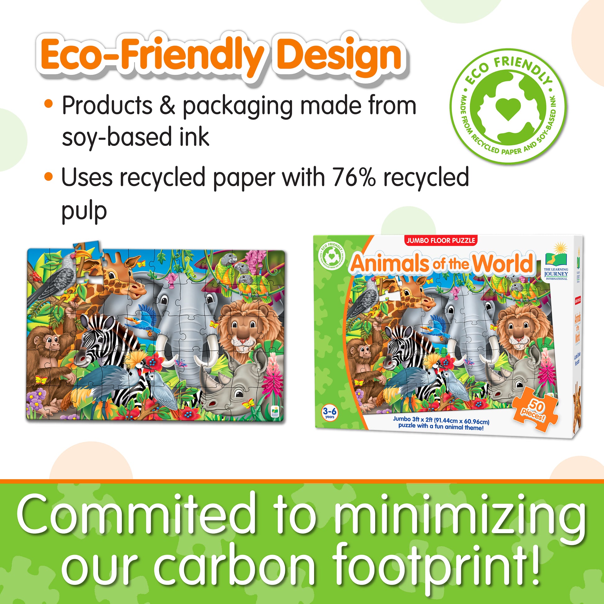 Infographic of Jumbo Floor Puzzle - Animals of the World's eco-friendly design that reads, "Commited to minimizing our carbon footprint!"
