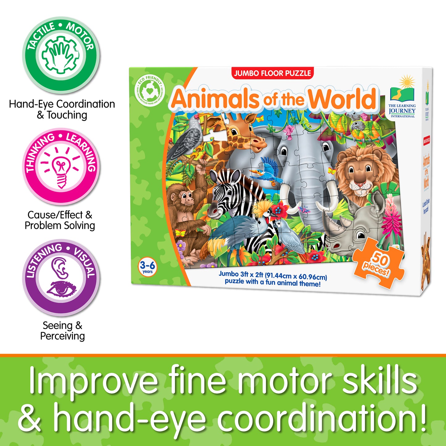 Infographic of Jumbo Floor Puzzle - Animals of the World's educational benefits that reads, "Improve fine motor skills and hand-eye coordination!"