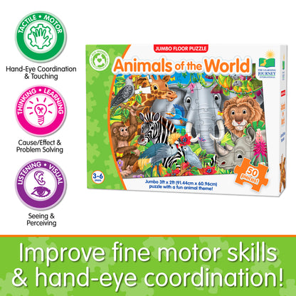 Infographic of Jumbo Floor Puzzle - Animals of the World's educational benefits that reads, "Improve fine motor skills and hand-eye coordination!"