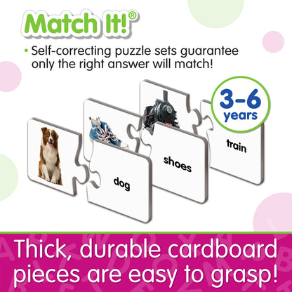Infographic about Match It - First Words' features that says, "Thick, durable cardboard pieces are easy to grasp!"
