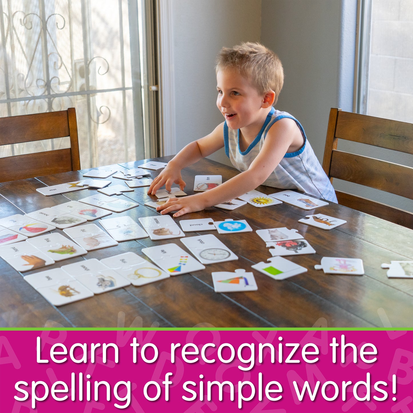 Infographic of young boy playing Match It - First Words that says, "Learn to recognize the spelling of simple words!"