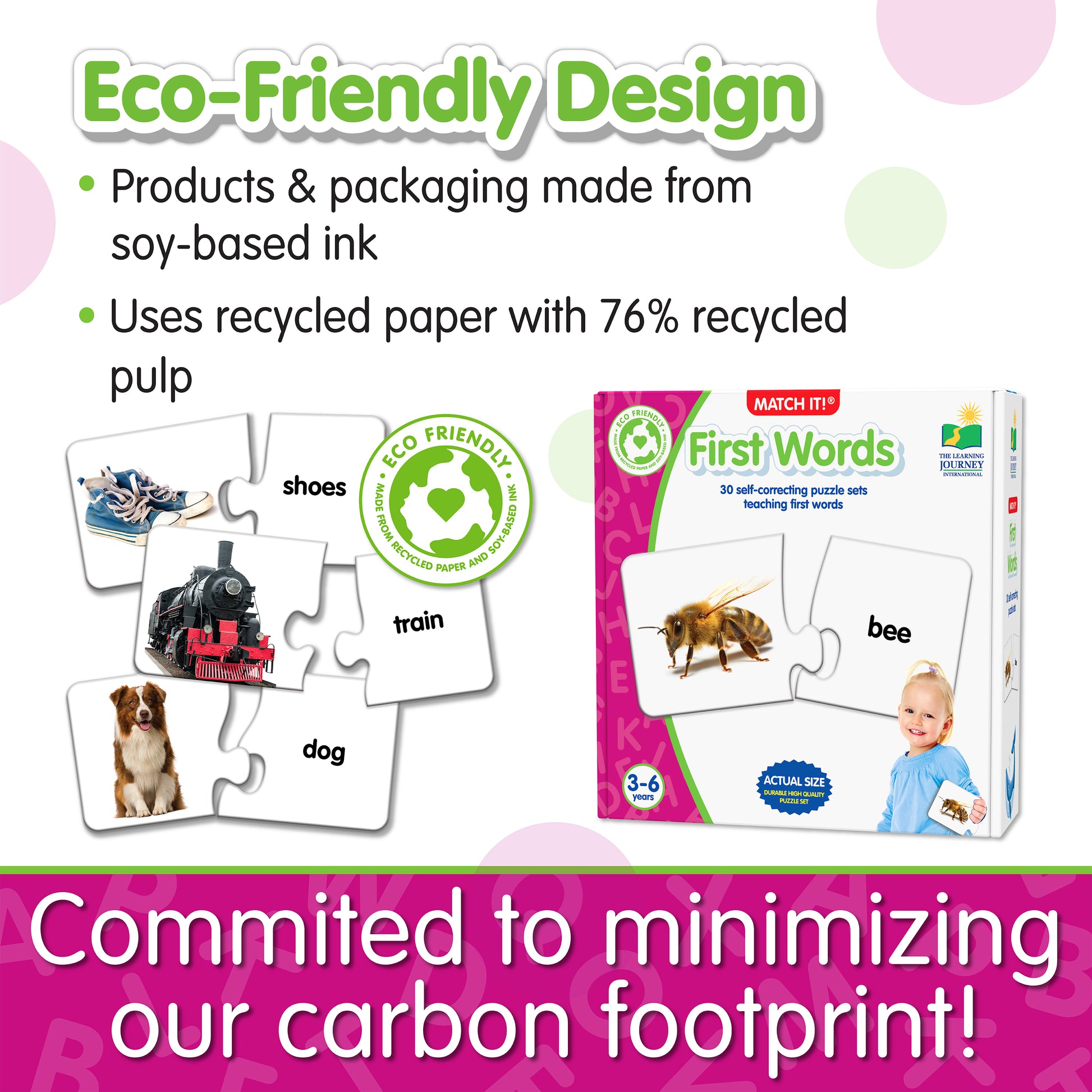 Infographic about Match It - First Words' eco-friendly design that says, "Committed to minimizing our carbon footprint!"