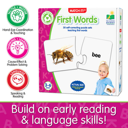 Infographic about Match It - First Words' educational benefits that says, "Build on early reading and language skills!"