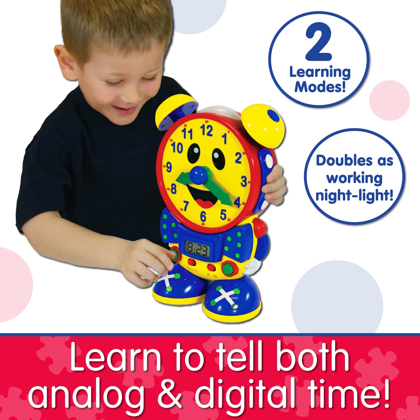 Infographic of young boy with Telly the Teaching Time Clock that reads "Learn to tell both analog and digital time!"
