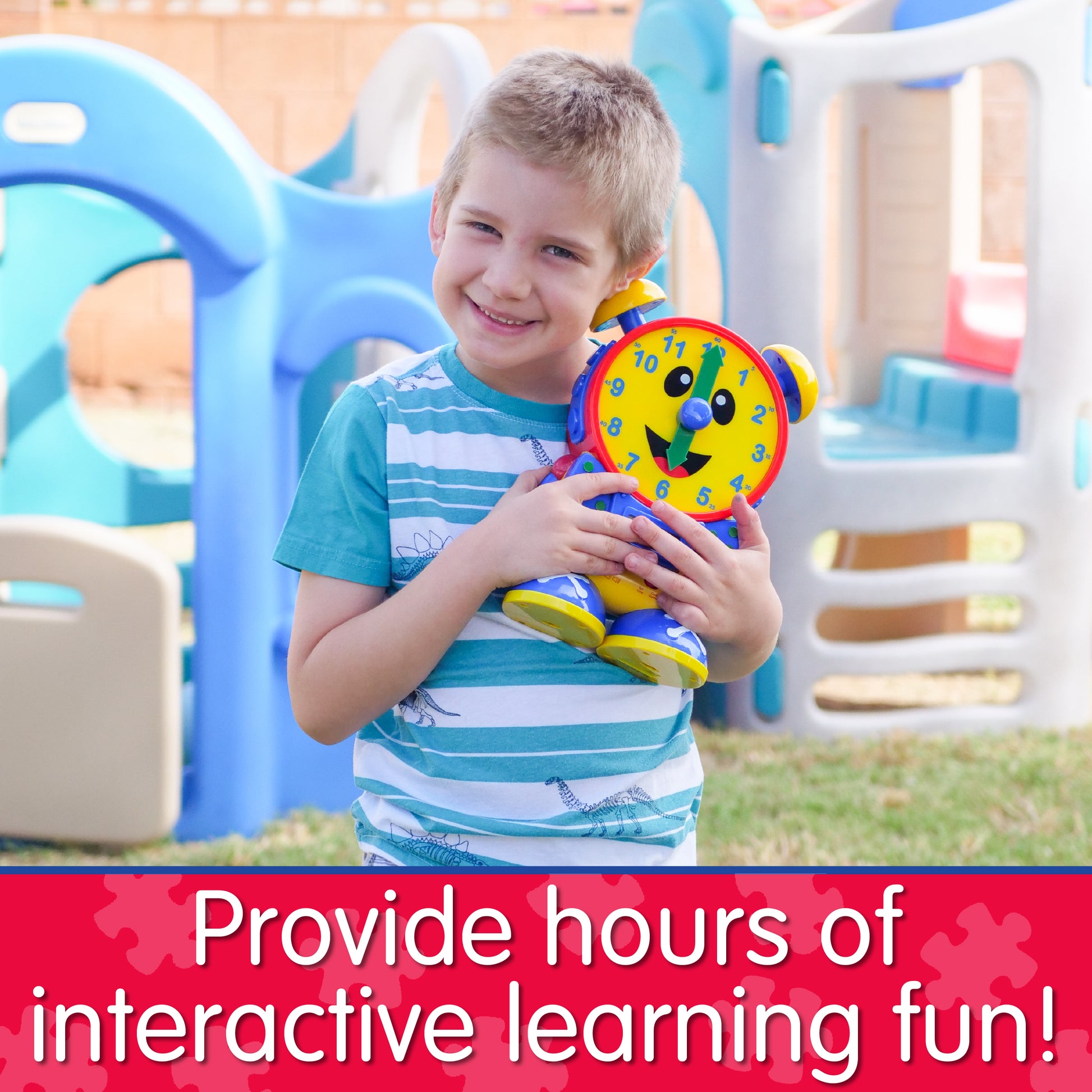 Infographic of young boy with Telly the Teaching Time Clock that reads "Provide hours of interactive learning fun!"