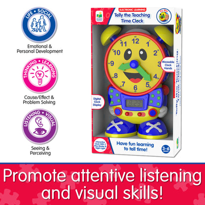 Infographic of Telly the Teaching Time Clock's educational benefits that reads "Promote attentive listening and visual skills!"