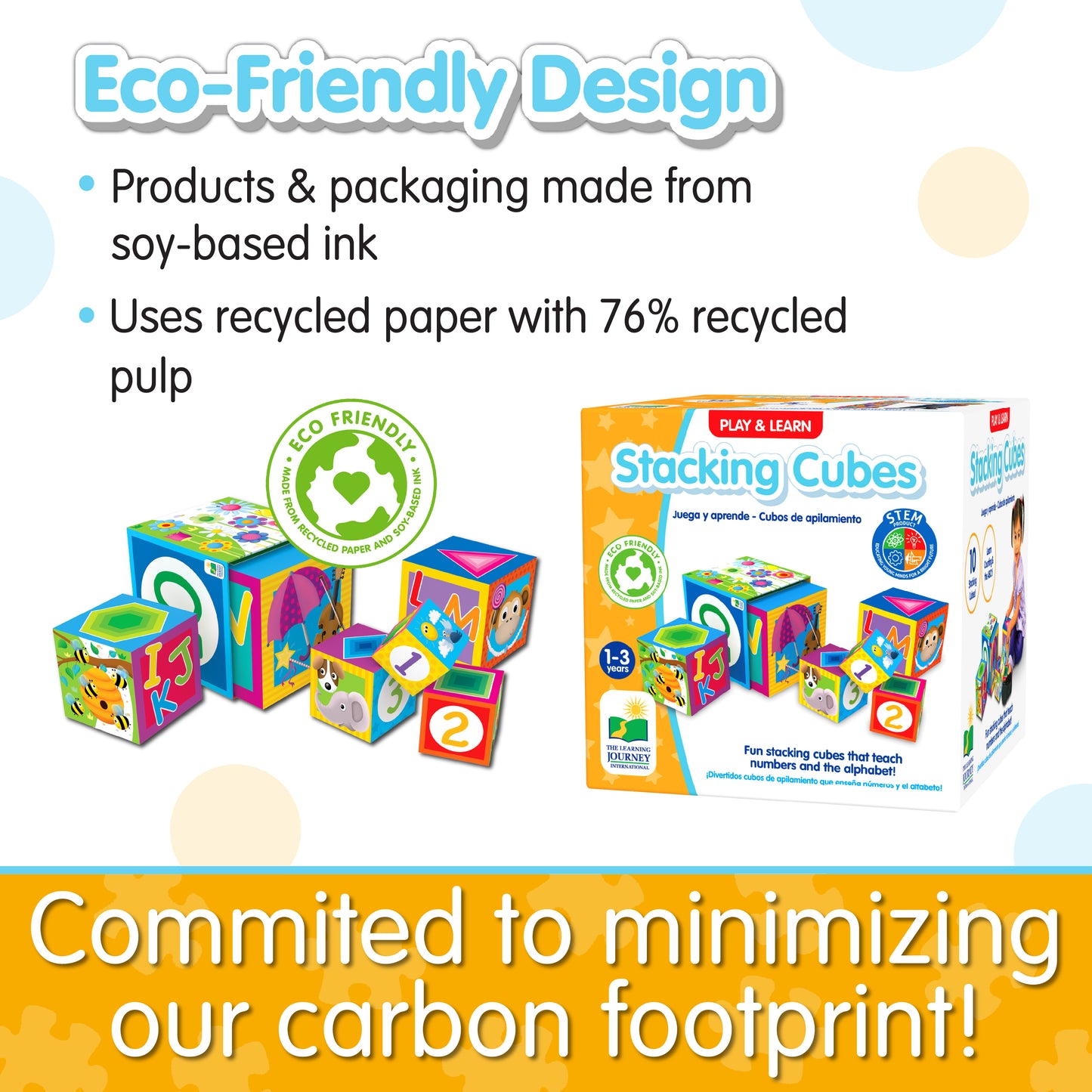 Infographic about Stacking Cubes' eco-friendly design that says, "Committed to minimizing our carbon footprint!"