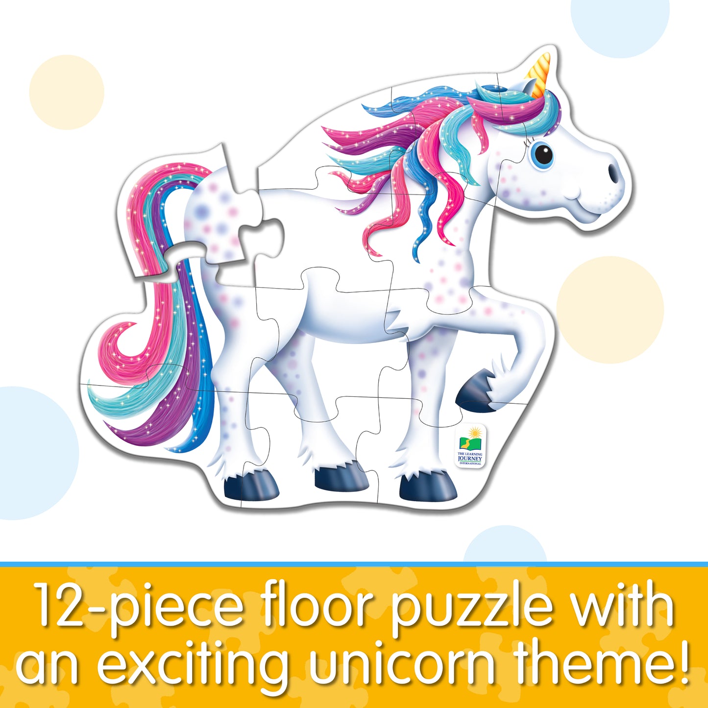 Infographic about My First Big Puzzle - Unicorn that says, "12-piece floor puzzle with an exciting unicorn theme!"