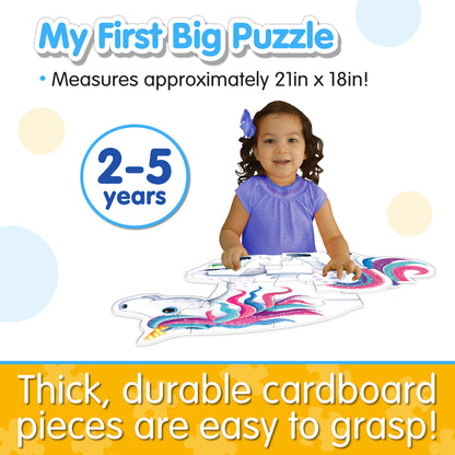 Infographic about My First Big Puzzle - Unicorn's features that says, "Thick, durable cardboard pieces are easy to grasp!"