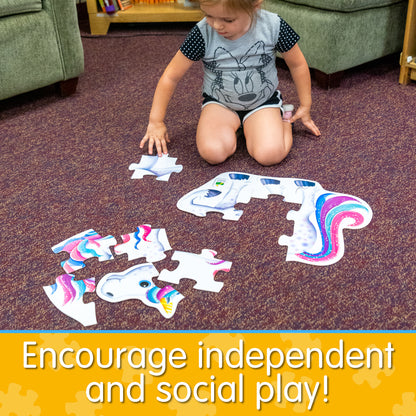Infographic with little girl assembling My First Big Puzzle - Unicorn that says, "Encourage independent and social play!"
