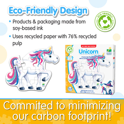 Infographic about My First Big Puzzle - Unicorn's eco-friendly design that says, "Committed to minimizing our carbon footprint!"