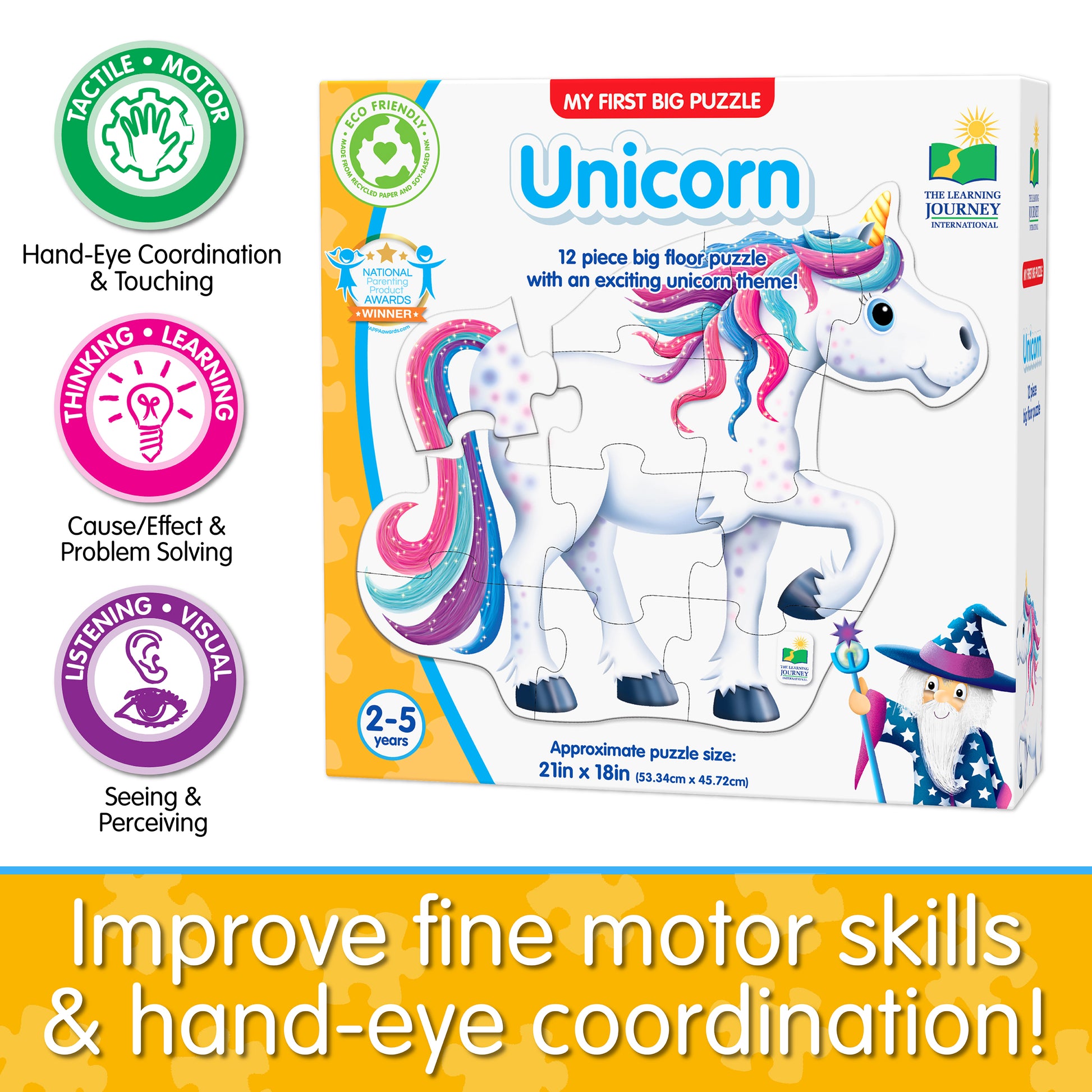 Infographic about My First Big Puzzle - Unicorn's educational benefits that says, "Improve fine motor skills and hand-eye coordination!"