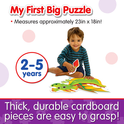 Infographic about My First Big Puzzle - Dragon's features that says, "Thick, durable cardboard pieces are easy to grasp!"