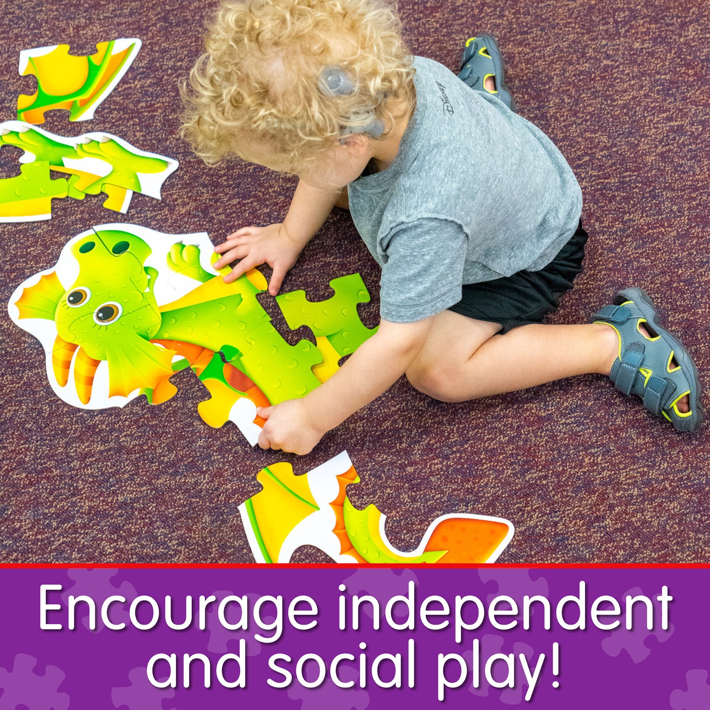 Infographic with little boy assembling My First Big Puzzle - Dragon that says, "Encourage independent and social play!"