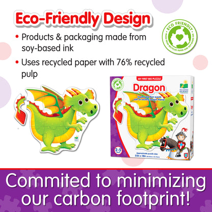 Infographic about My First Big Puzzle - Dragon's eco-friendly design that says, "Committed to minimizing our carbon footprint!"