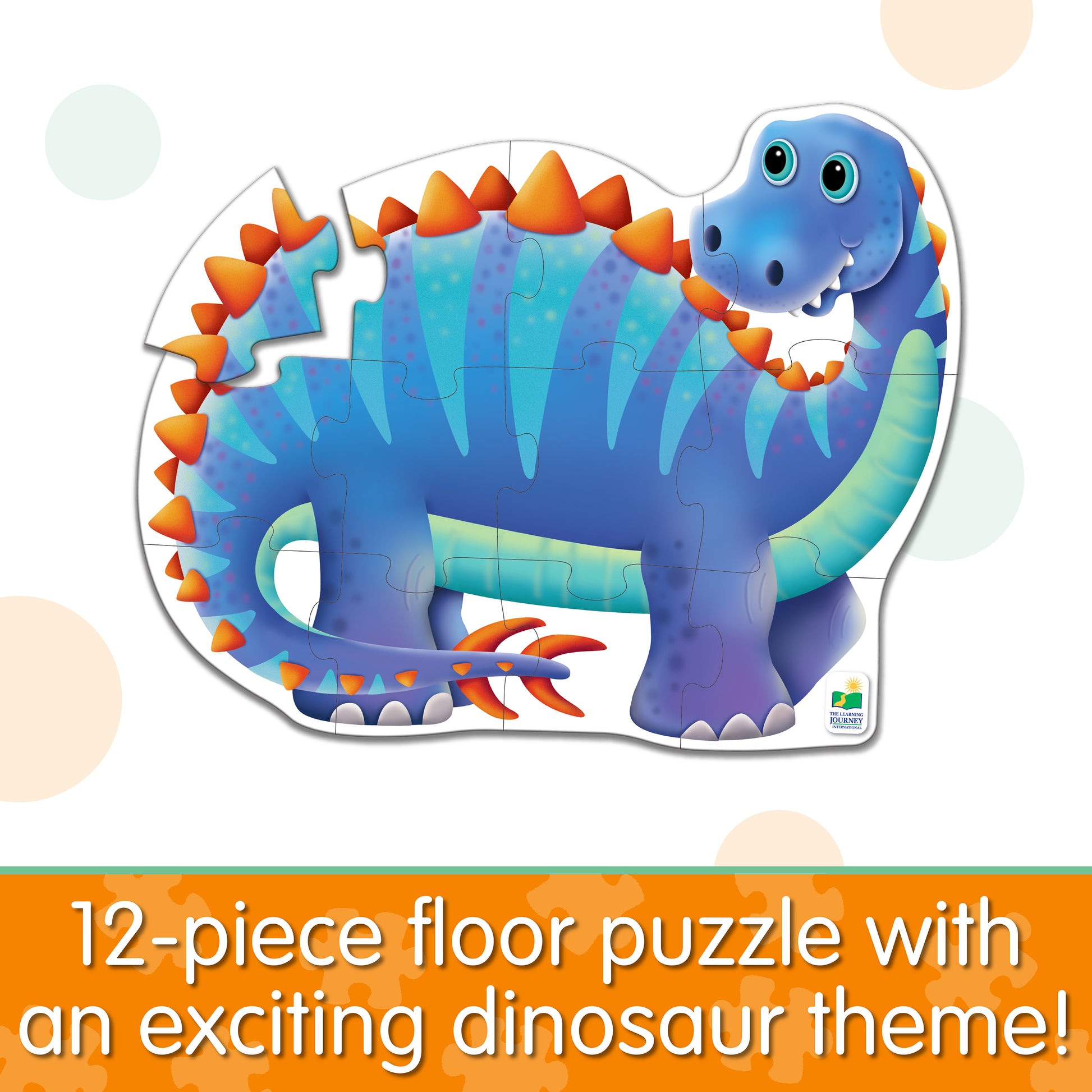Infographic about My First Big Puzzle - Dinosaur that says, "12-piece floor puzzle with an exciting dinosaur theme!"