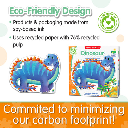 Infographic about My First Big Puzzle - Dinosaur's eco-friendly design that says, "Committed to minimizing our carbon footprint!"