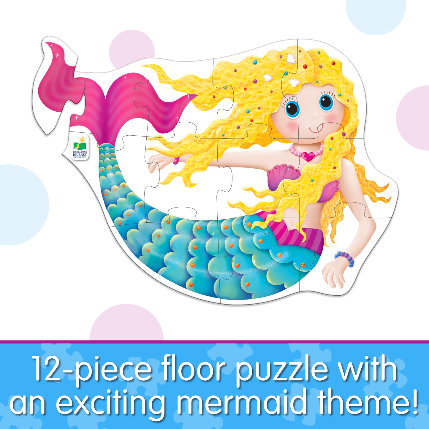 Infographic about My First Big Puzzle - Mermaid that says, "12-piece floor puzzle with an exciting mermaid theme!"