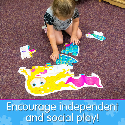 Infographic with little girl assembling My First Big Puzzle - Mermaid that says, "Encourage independent and social play!"
