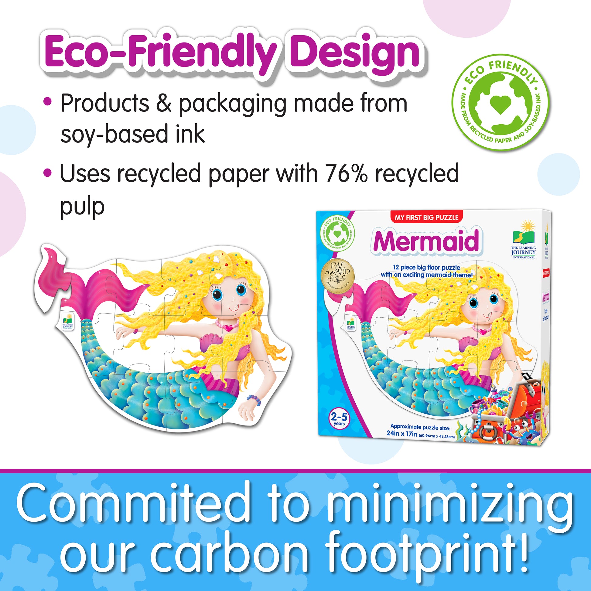 Infographic about My First Big Puzzle - Mermaid's eco-friendly design that says, "Committed to minimizing our carbon footprint!"