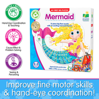 Infographic about My First Big Puzzle - Mermaid's educational benefits that says, "Improve fine motor skills and hand-eye coordination!"