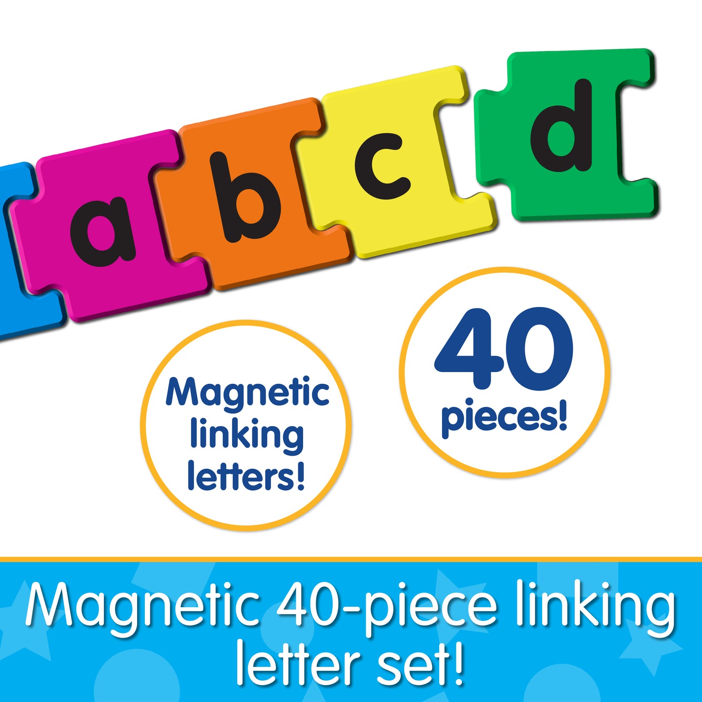 Infographic about Magnetic Linking Letters that says, "Magnetic 40-piece linking letter set!"