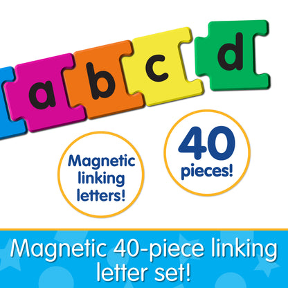 Infographic about Magnetic Linking Letters that says, "Magnetic 40-piece linking letter set!"