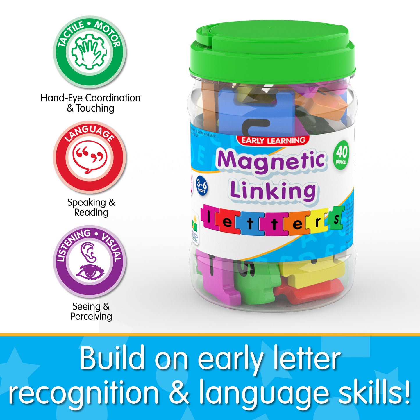 Infographic about Magnetic Linking Letters' educational benefits that says, "Build on early letter recognition and language skills!"