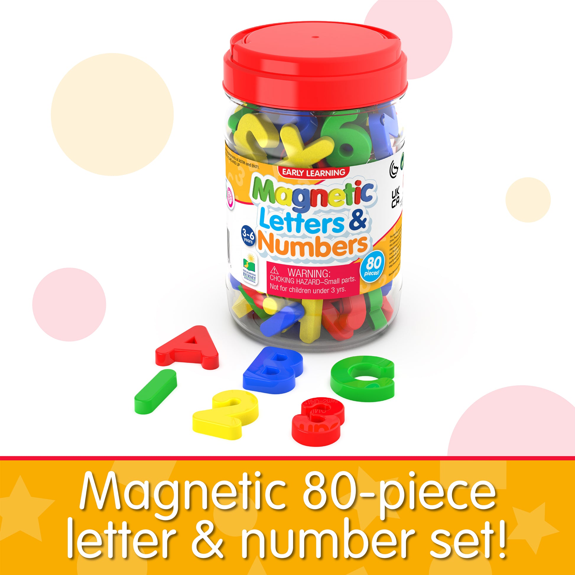 Infographic about Magnetic Letters and Numbers that says, "Magnetic 80-piece letter and number set!"