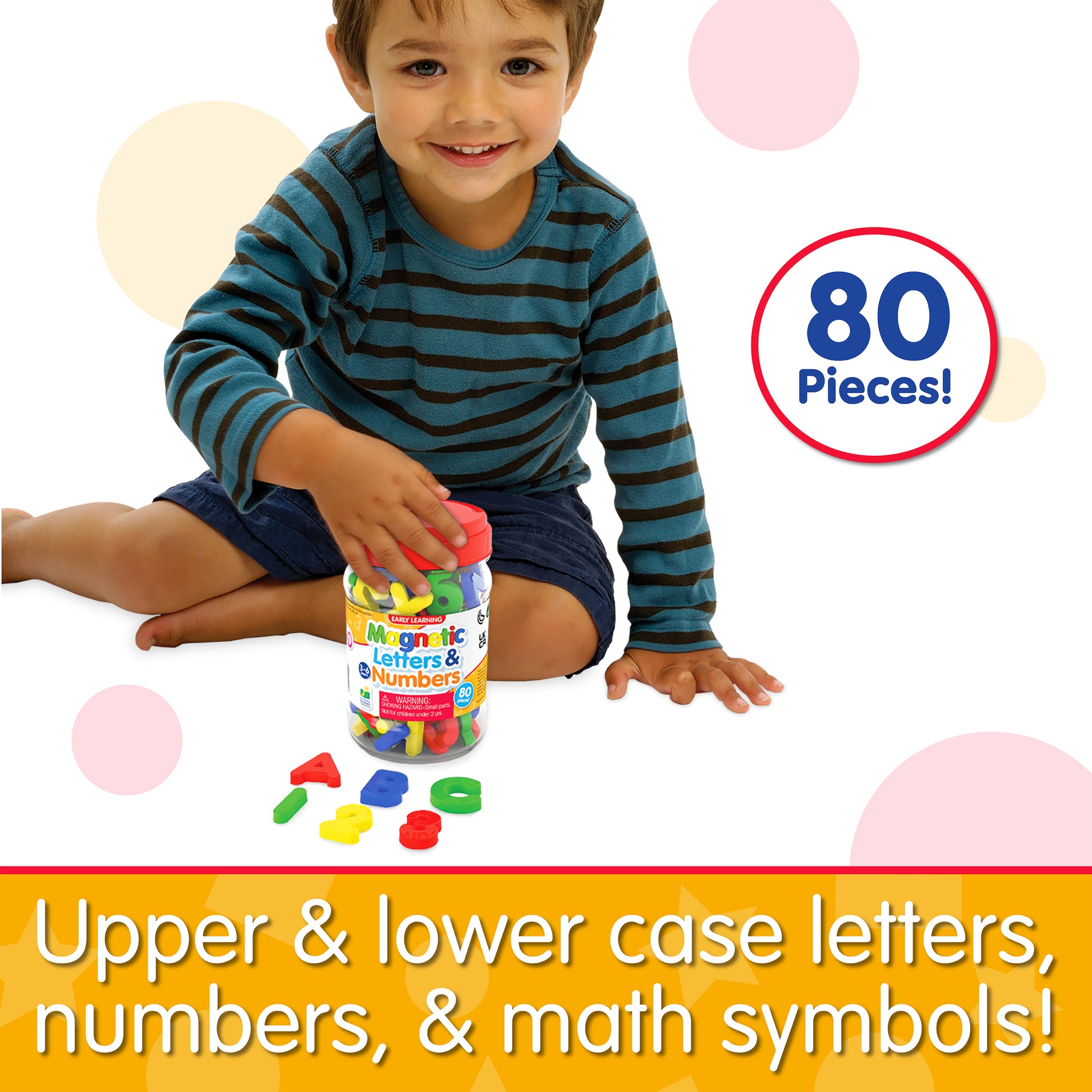Infographic of young boy playing with Magnetic Letters and Numbers that says, "Upper and lower case letters, numbers, and math symbols!" 