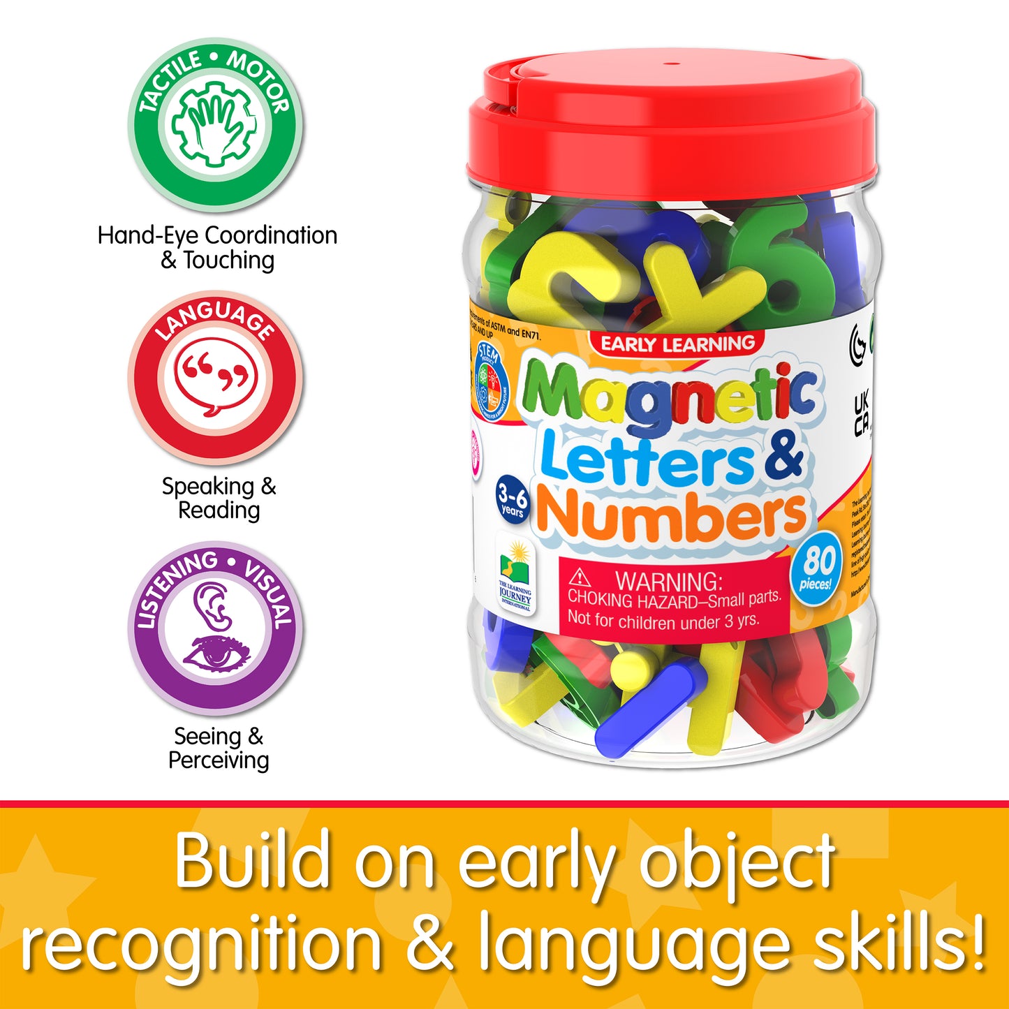Infographic about Magnetic Letters and Numbers' educational benefits that says, "Build on early object recognition and language skills!"