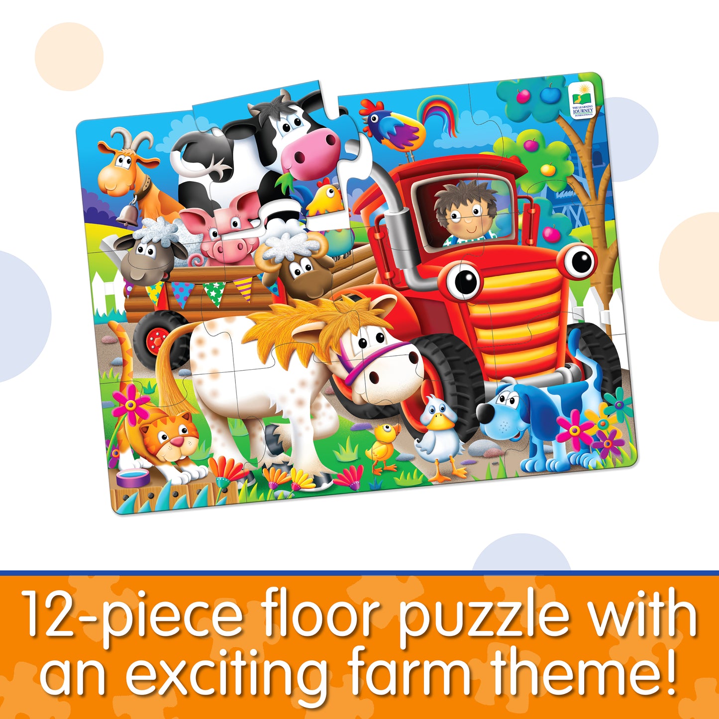 Infographic about My First Big Puzzle - Farm Friends that says, "12-piece floor puzzle with an exciting farm theme!"