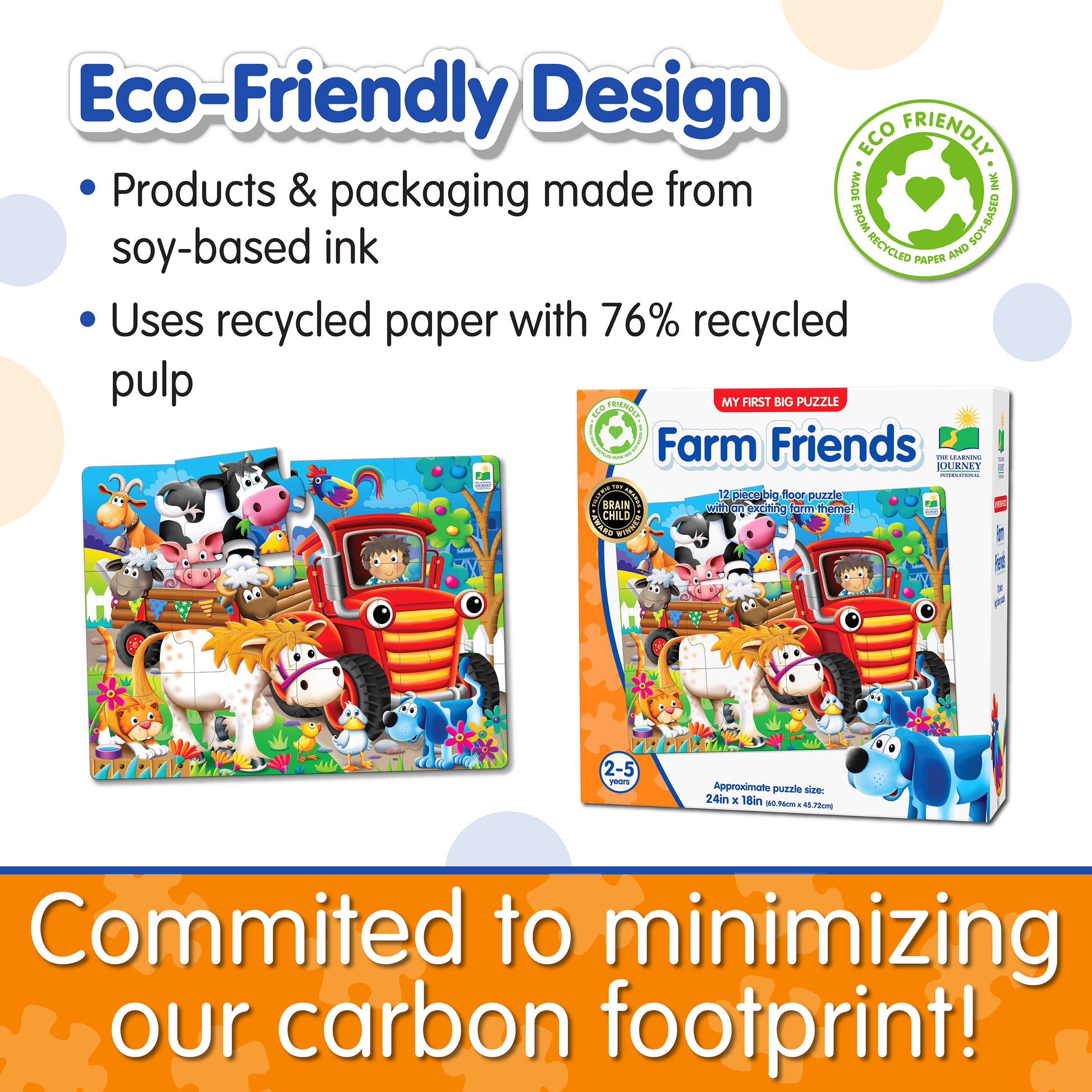 Infographic about My First Big Puzzle - Farm Friends' eco-friendly design that says, "Committed to minimizing our carbon footprint!"