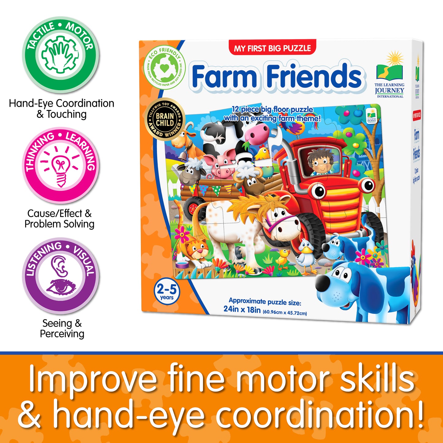 Infographic about My First Big Puzzle - Farm Friends' educational benefits that says, "Improve fine motor skills and hand-eye coordination!"