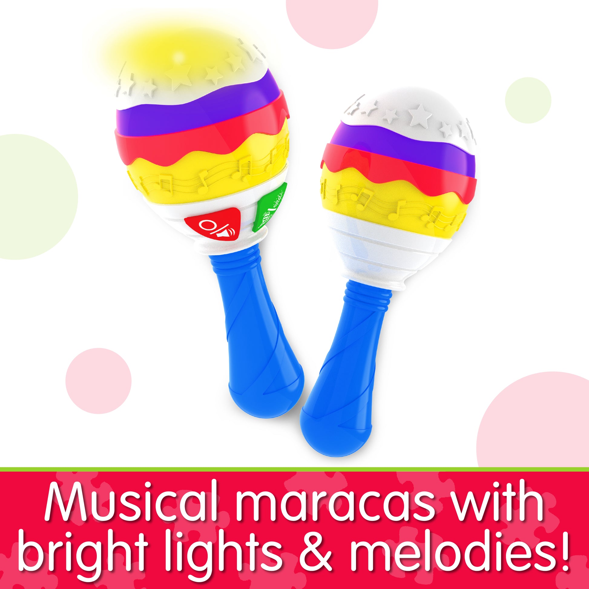 Infographic of Little Music Maracas that says, "Musical maracas with bright lights and melodies!"