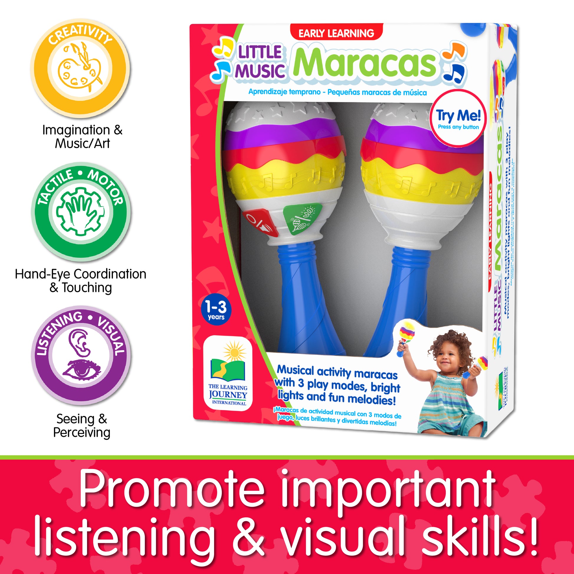 Infographic of Little Music Maracas' educational benefits that says, "Promote important listening and visual skills!"