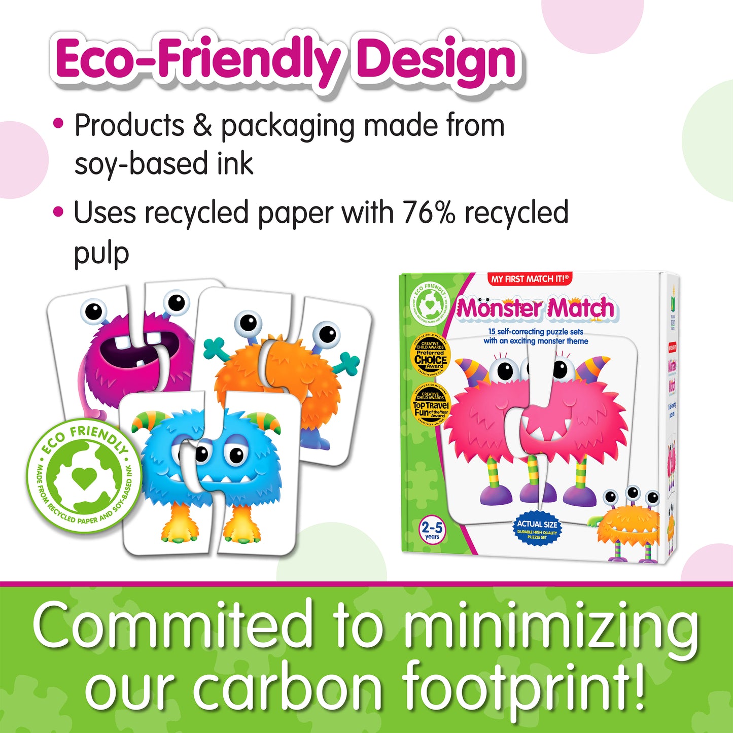 Infographic about My First Match It - Monster Match's eco-friendly design that says, "Committed to minimizing our carbon footprint!"