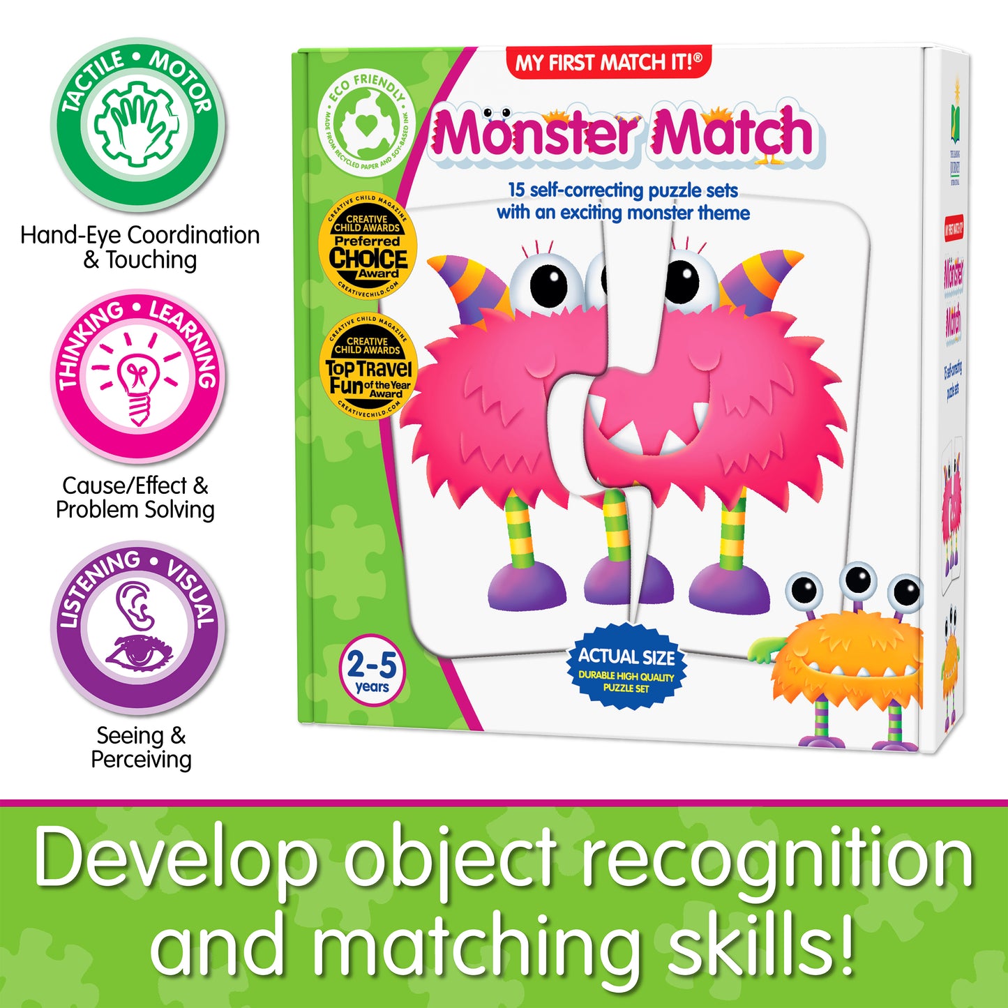 Infographic about My First Match It - Monster Match's educational benefits that says, "Develop object recognition and matching skills!"