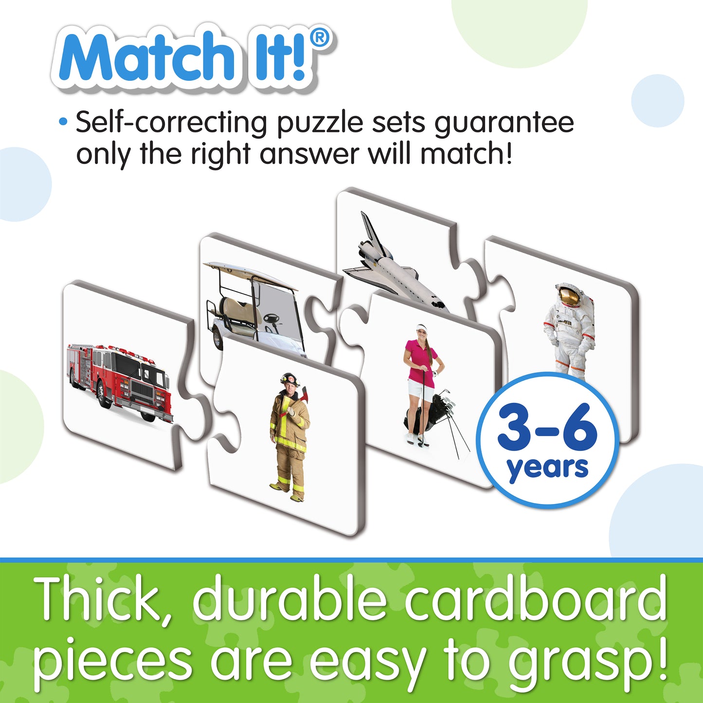 Infographic about Match It - Match My Ride's features that says, "Thick, durable cardboard pieces are easy to grasp!"
