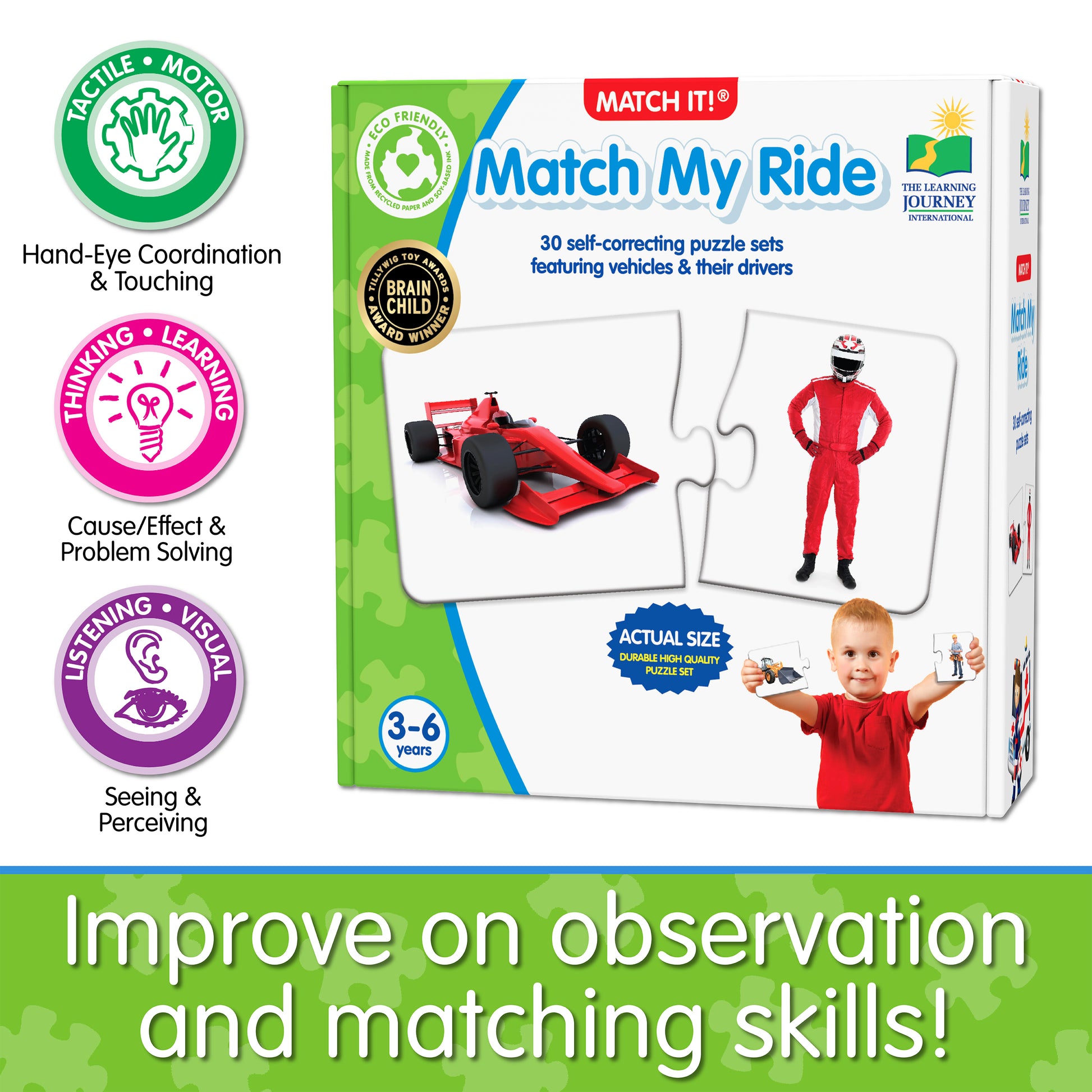 Infographic about Match It - Match My Ride's educational benefits that says, "Improve on observation and matching skills!"