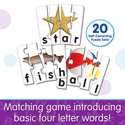 Infographic about Match It - 4 Letter Words that says, "Matching game introducing basic four letter words!"