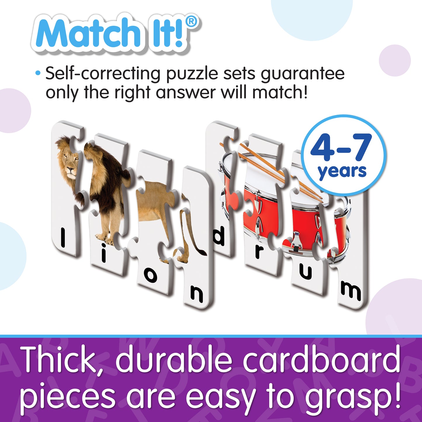 Infographic about Match It - 4 Letter Words' features that says, "Thick, durable cardboard pieces are easy to grasp!"
