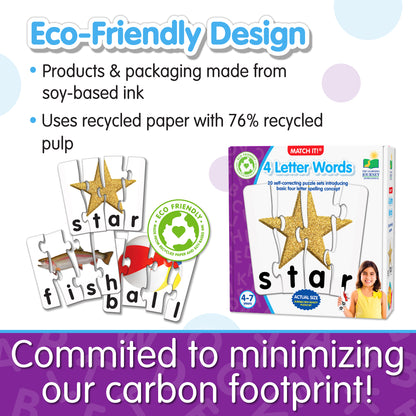 Infographic about Match It - 4 Letter Words' eco-friendly design that says, "Committed to minimizing our carbon footprint!"