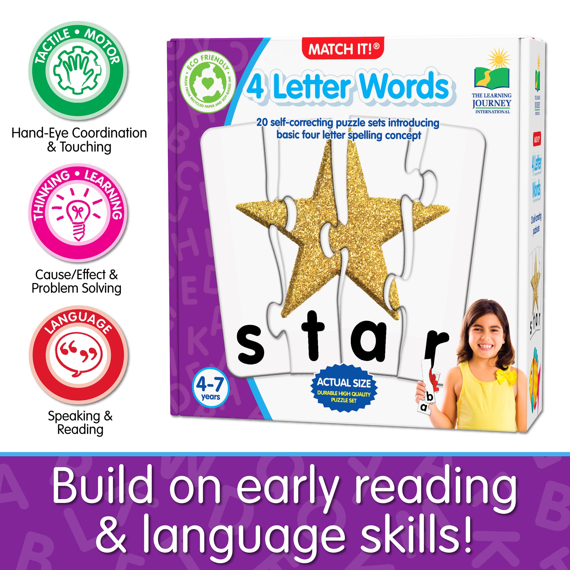 Infographic about Match It - 4 Letter Words' educational benefits that says, "Build on early reading and language skills!"