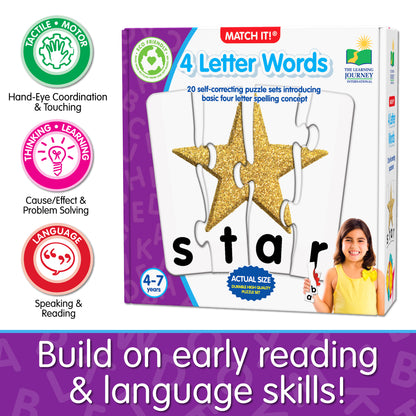 Infographic about Match It - 4 Letter Words' educational benefits that says, "Build on early reading and language skills!"
