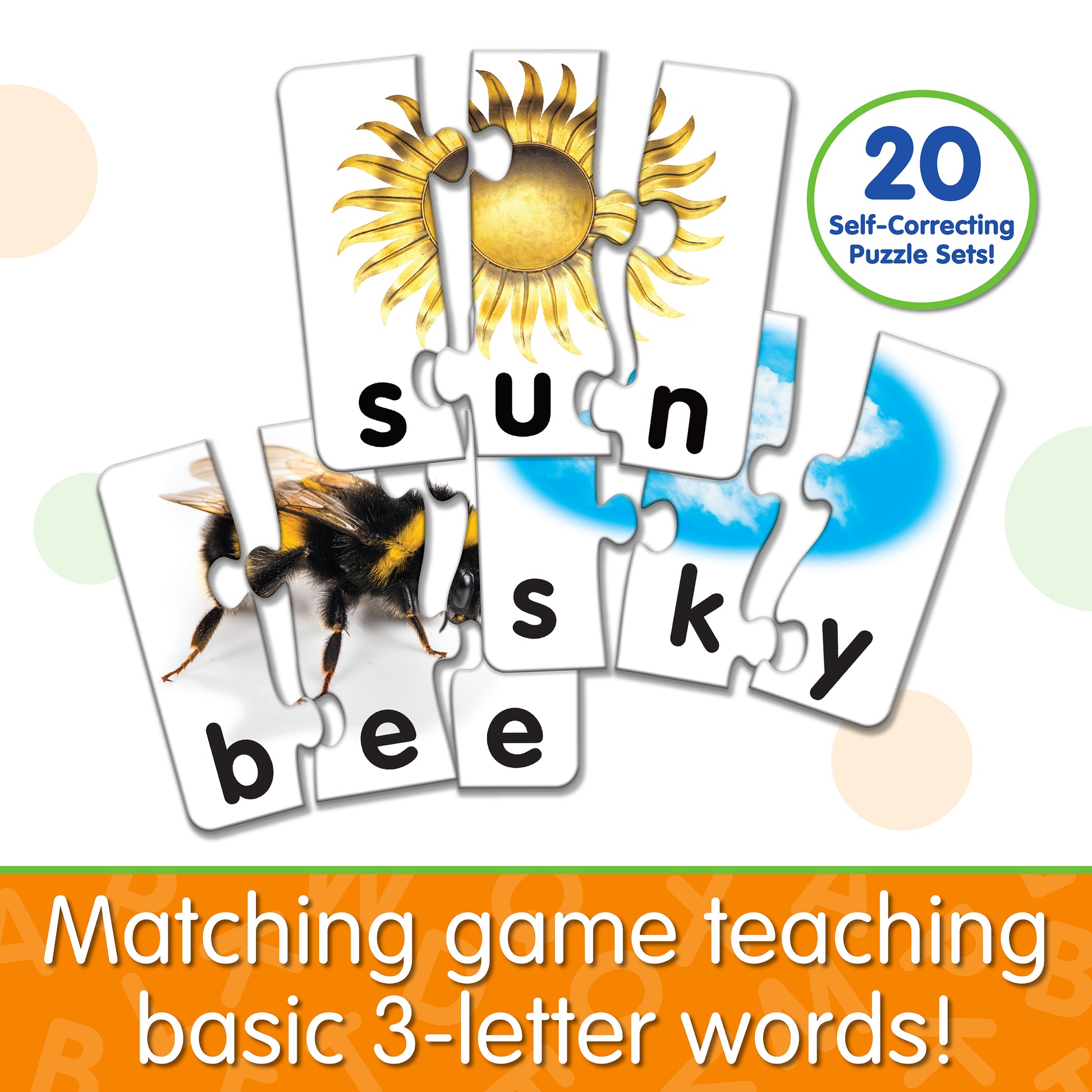 Infographic about Match It - 3 Letter Words that says, "Matching game teaching basic 3-letter words!"