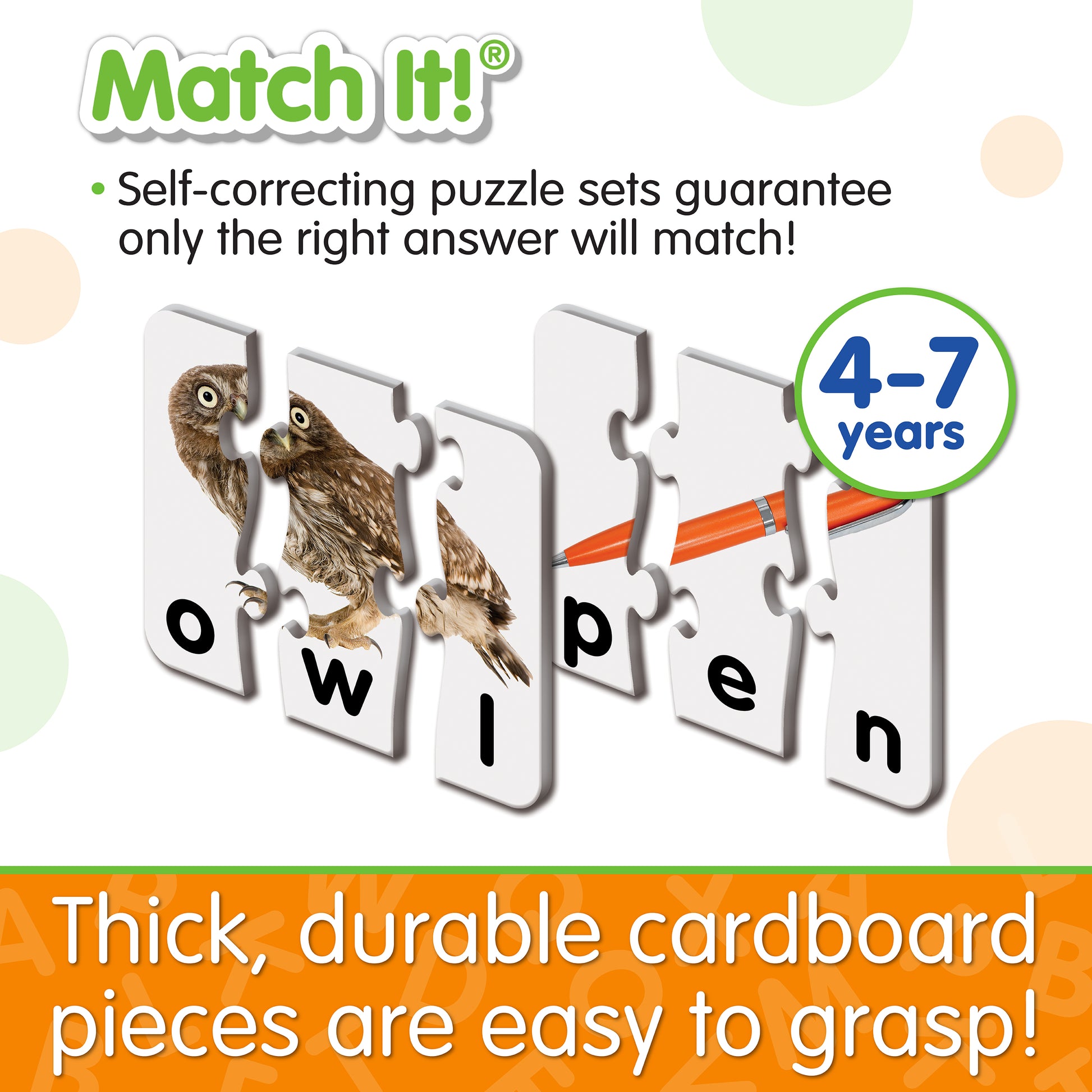 Infographic about Match It - 3 Letter Words' features that says, "Thick, durable cardboard pieces are easy to grasp!"