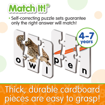 Infographic about Match It - 3 Letter Words' features that says, "Thick, durable cardboard pieces are easy to grasp!"